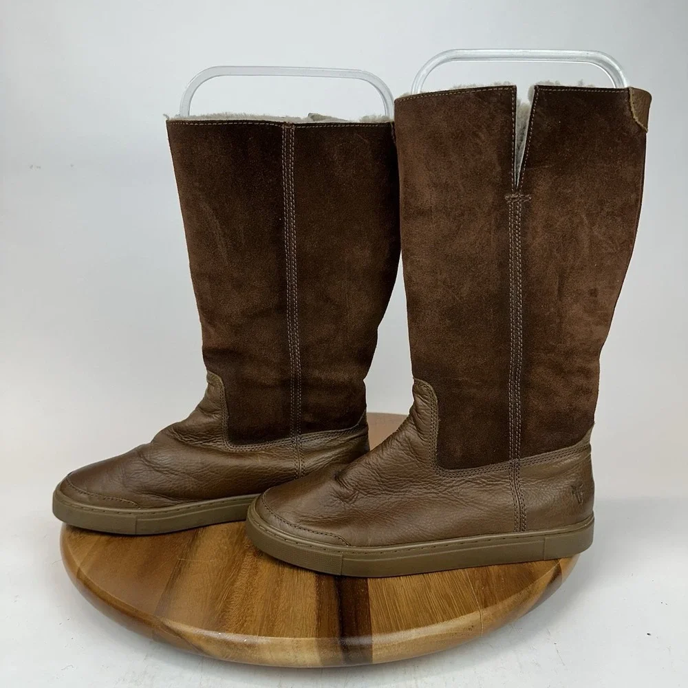 Womens Frye Gemma Tall Brown Suede Pull On Shearling Lined Boots‎ Size 7 M GUC